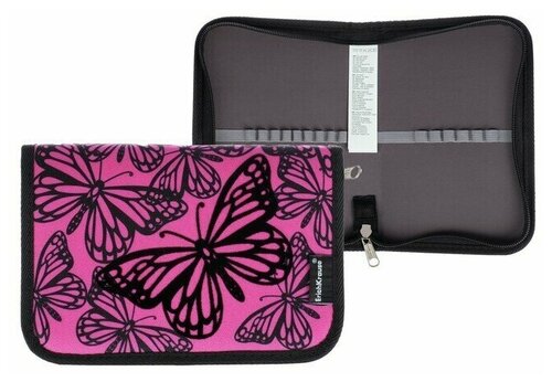 Пенал 1 секция, 135 х 205 х 30 мм, текстильный, Erich Krause Velvet Butterflies, розовый/чёрный, 53997