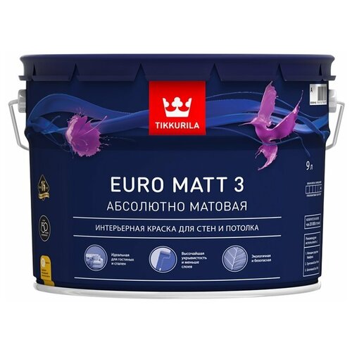 Краска водно-дисперсионная Tikkurila Euro Matt 3 глубокоматовая Y428 9 л краска водно дисперсионная tikkurila euro matt 3 моющаяся глубокоматовая y428 9 л