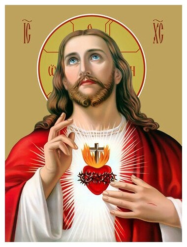 Освященная икона на дереве ручной работы - Святое Сердце Иисуса, 15x20x3,0 см, арт Ид3257