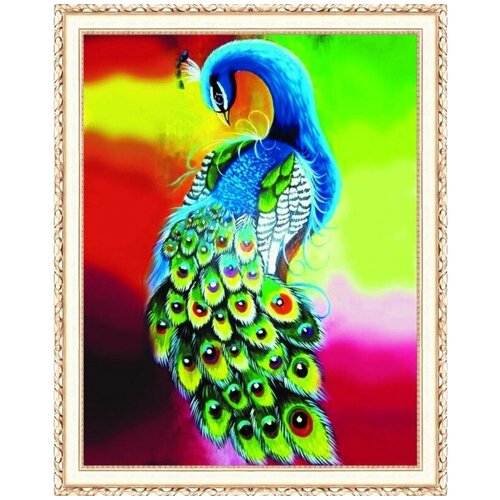 Алмазная мозаика на подрамнике (картина стразами) 40х50 Павлин на разноцветном фоне