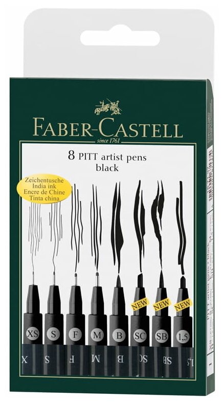 Faber-Castell Набор капиллярных ручек Pitt и brush mix, черные 8 типов наконечника.