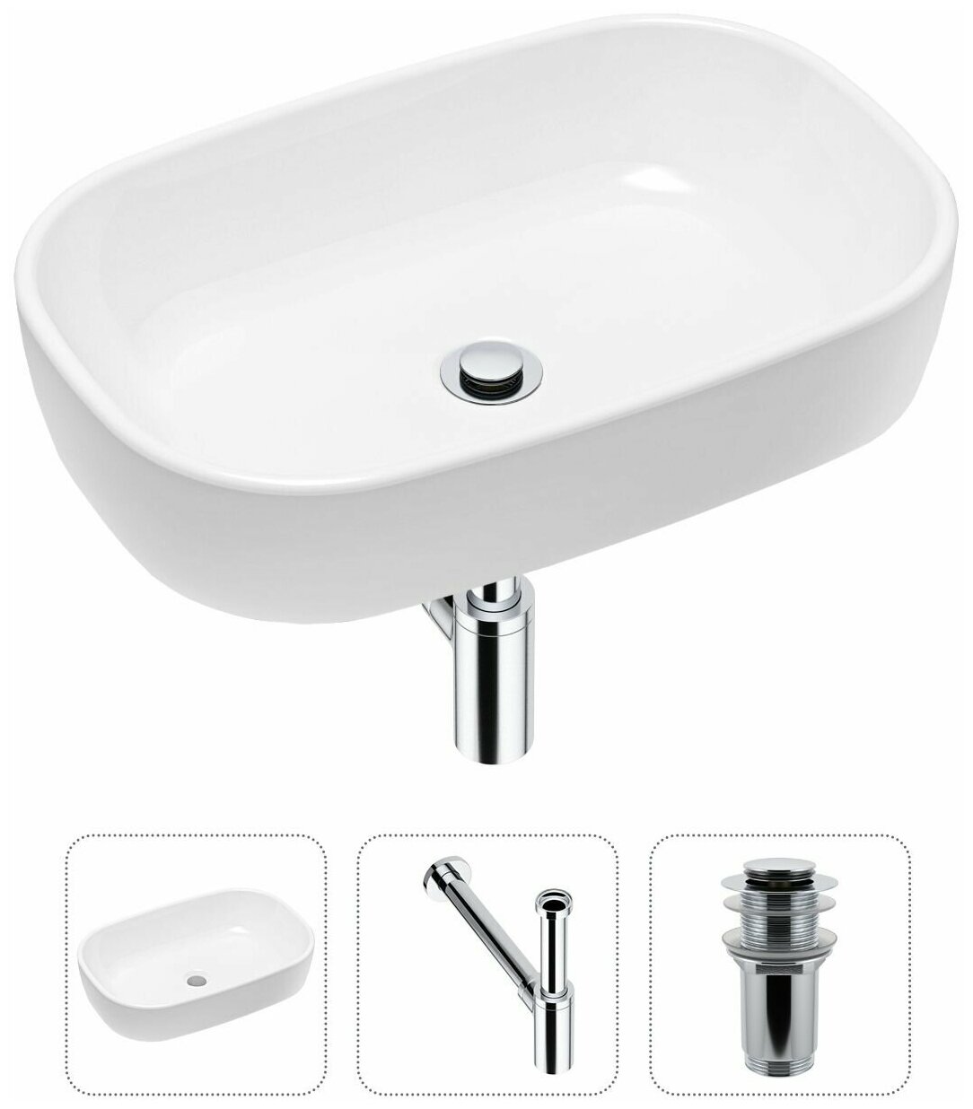 Накладная раковина в ванную Lavinia Boho Bathroom Sink 21520005 в комплекте 3 в 1: умывальник белый, донный клапан и сифон в цвете хром