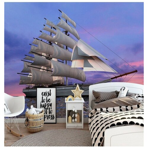 Фотообои 3D Парусник на закате 300х270 ШхВ Фотообои на стену флизелиновые 300х270 Фотообои для детской комнаты девочки и детской комнаты мальчика с кораблем Обои виниловые на флизелиновой основе для детской комнаты с парусником корабль 7250₽