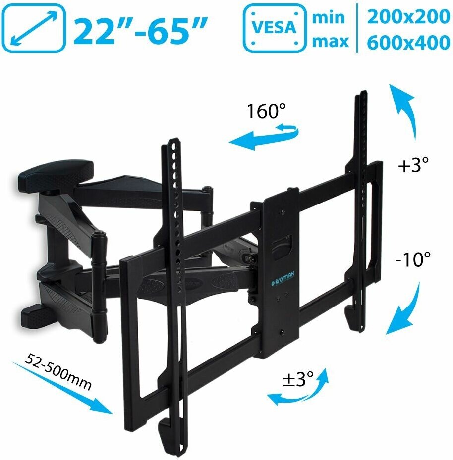 Кронштейн для телевизора на стену / крепление наклонно-поворотное Kromax ATLANTIS-35 / до 65 дюймов / vesa 600x400