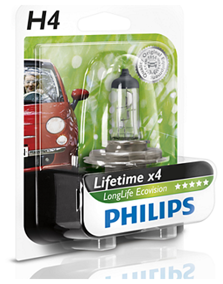 Лампа галогенная Philips H4 LongLife EcoVision 12V 60/55W, 1шт, 12342LLECOB1