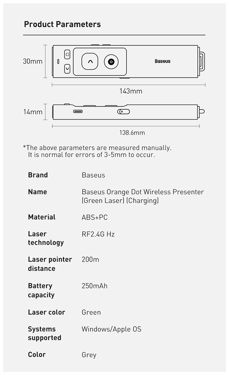 Беспроводной презентер Baseus Orange Dot Wireless Presenter Green Laser 200 m 250 mAh Cерый