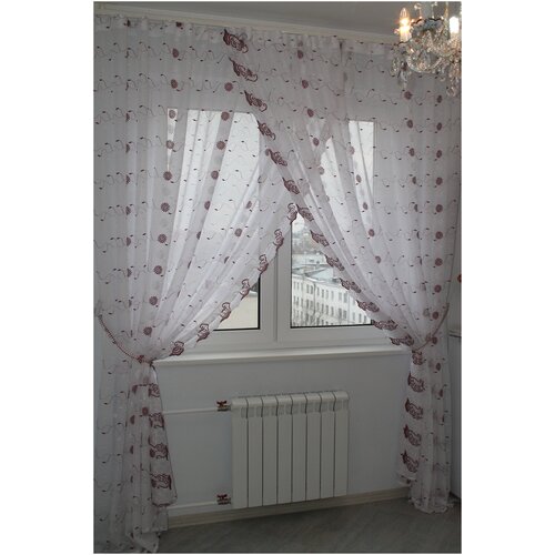 Комплект штор для кухни или комнаты Амелия (белый + бордовый), сжатый нейлон + шитье, высота 275 см, по ленте регулируется до 3,5 м
