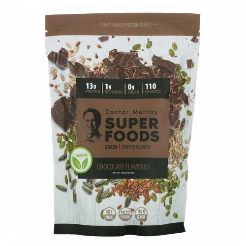 Купить Dr. Murray's, суперфуды, веганский протеиновый порошок из 3 видов семян (тыква, лен, подсолнечник), шоколад, 453, 5 г (16 унций), Др. Мюррэйс