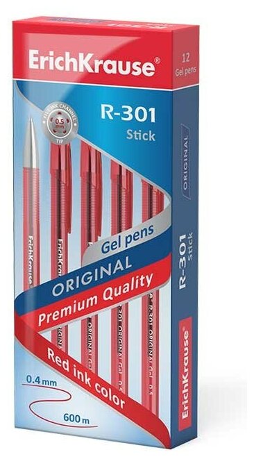 Ручка гелевая ErichKrause R-301 Original Gel Stick 0.5, цвет чернил красный (в коробке по 12 шт.)