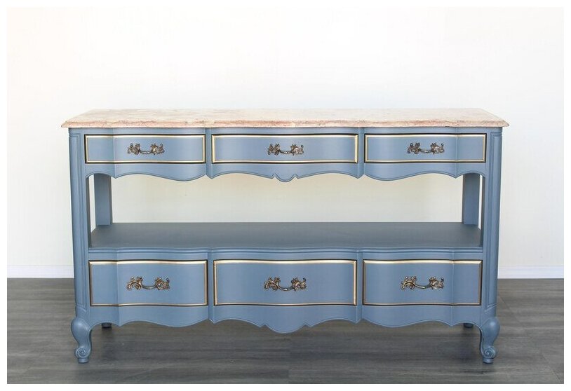 Винтажный голубой консольный стол во французском стиле с мраморной столешницей, шесть ящиков 150 х 86 х 51 см