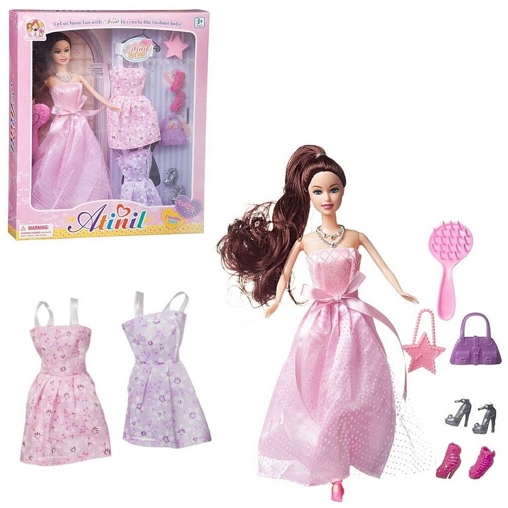 Кукла Junfa Atinil (Атинил) Гардероб модницы На выпускной бал (в розовом платье) в наборе с 2 доп. платьями и аксессуарами, 28см WJ-21514/розовое