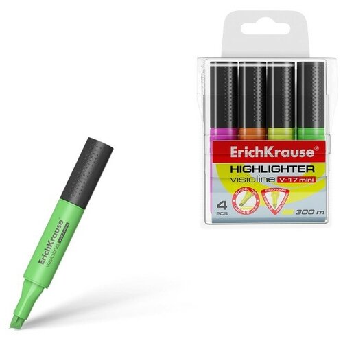 Набор маркеров текстовыделителей ErichKrause Visioline V-17 Mini, 4 штуки, 0.6-4.5 мм, чернила на водной основе, жёлтый, зелёный, розовый, оранжевый