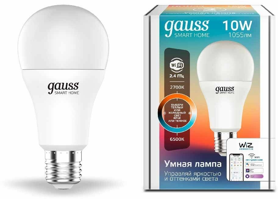 Лампа Gauss Smart Home A60 10W 1055lm 2700-6500К E27 изм. цвет. темп.+димм. LED