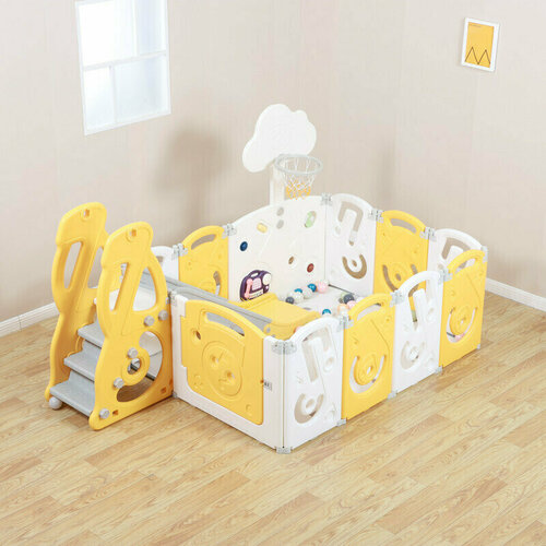 Манеж UNIX Kids "SUPREME Music" Blue, синий/белый, 200x240 см, с ковриком, горкой и баскетбольным кольцом для дома и улицы белый, синий, белый
