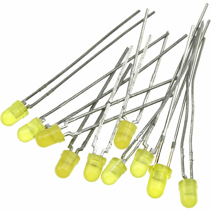 фото Светодиод 3мм цвет желтый, желтая матовая линза, 3v, упаковка 10 штук