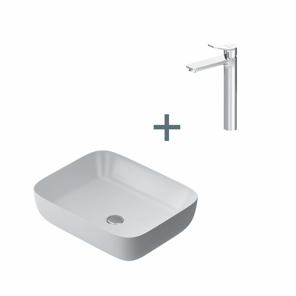 фото Раковина для ванной AM.PM Func накладная со смесителем X-Joy хром, 51см, на столешницу, прямоугольник, фарфор, белый глянец, гарантия 25 лет,