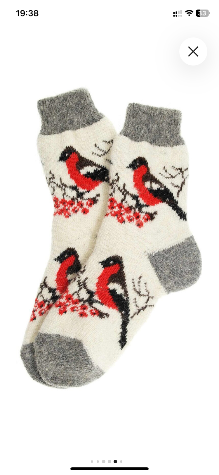 Теплые зимние шерстяные носки для взрослых (женские) со снегирями. Размер 36-40
