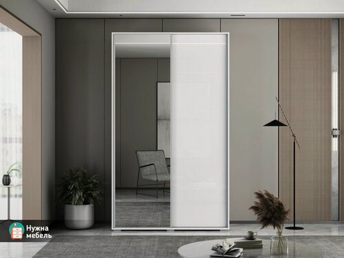 Изображение товара Шкаф-купе для одежды с зеркалом двухстворчатый, Модель Бакс 79 с полками и продольной штангой, Белого цвета, Мебель в спальню, прихожую и гостинную