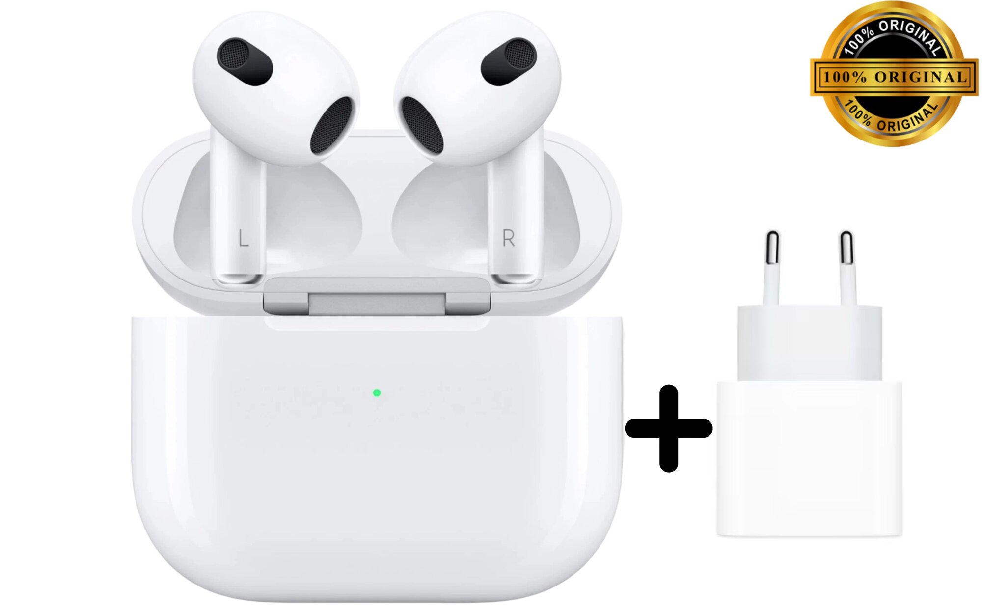 Беспроводные наушники Apple Airpods 3, белые, с зарядным футляром MagSafe, зарядный блок (оригинал)
