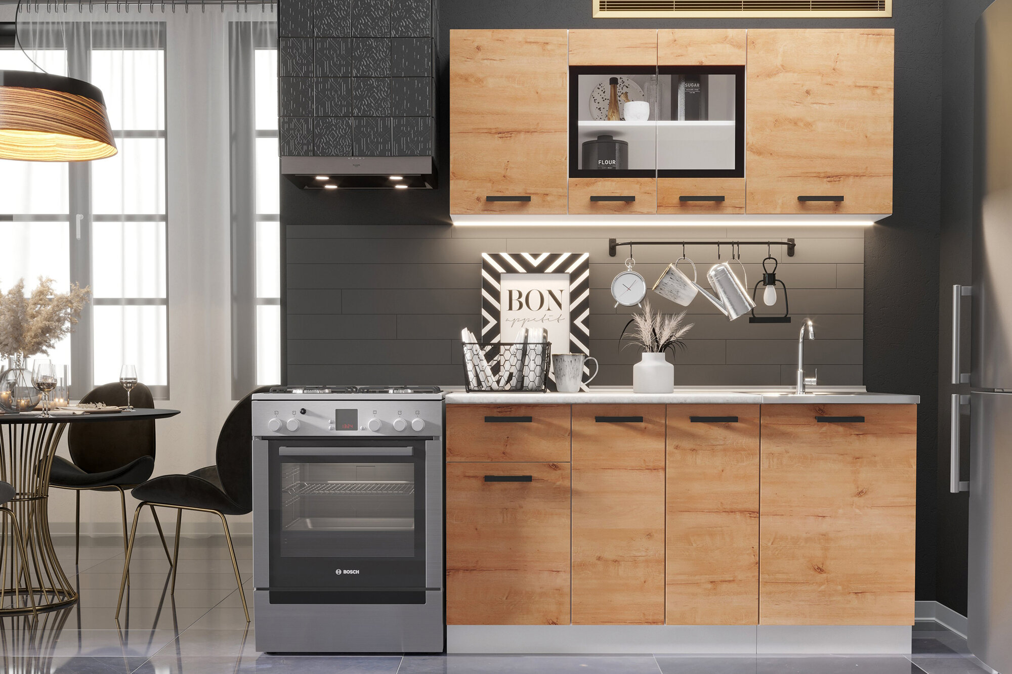 фото Кухня Эра Хозяюшка 1.5 м белый гладкий / дуб вотан