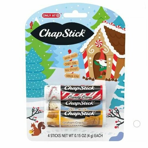 ChapStick Бальзам для губ подарочный набор из 4 штук в упаковке, праздничная коллекция на Новый год и Рождество, гигиеническая помада увлажняющая смягчающая со вкусом ванили и шоколада
