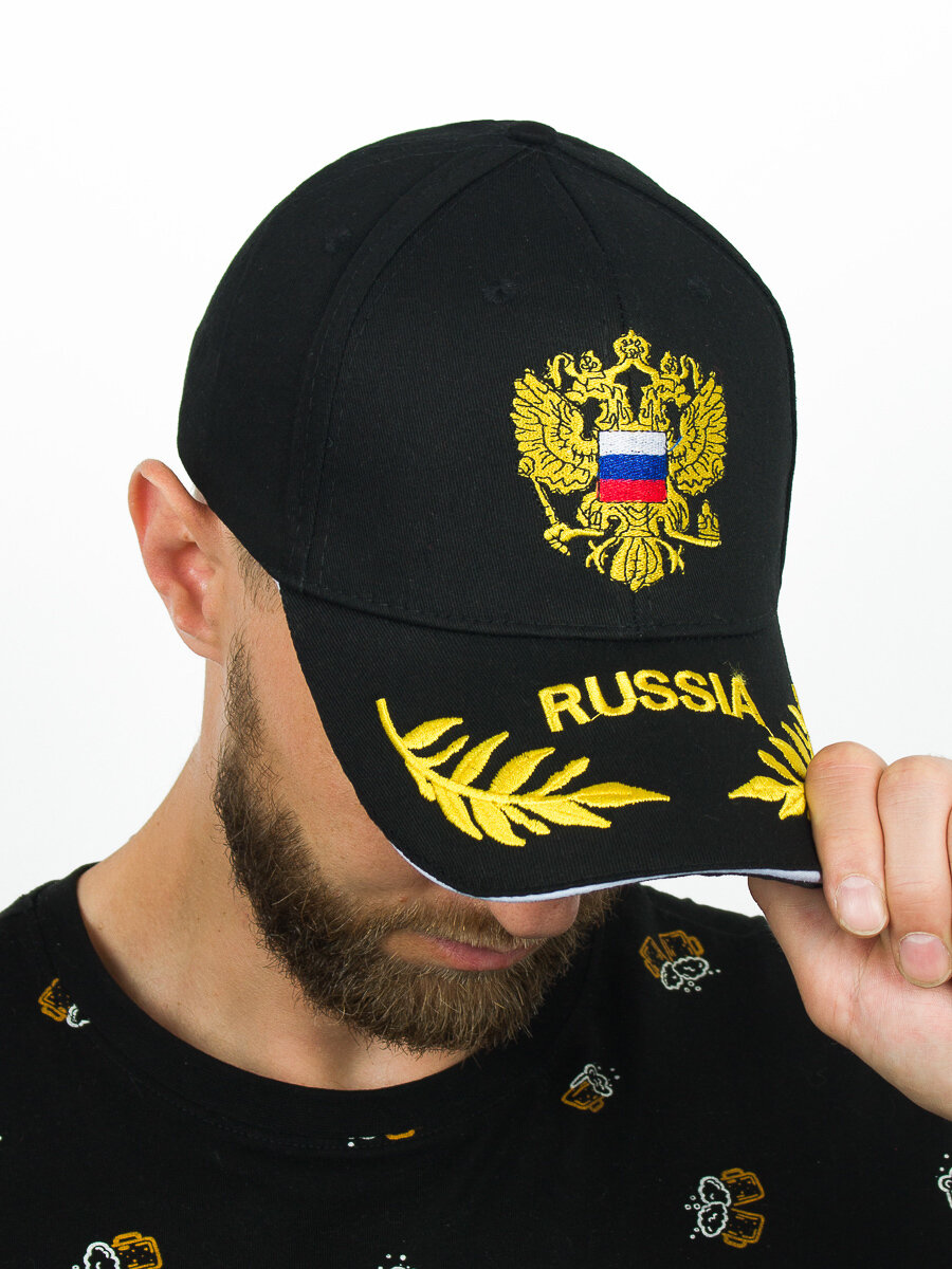 Бейсболка Kamukamu Бейсболка с гербом и вышивкой Russia цвет черный для мужчин и женщин, размер 57-59, черный