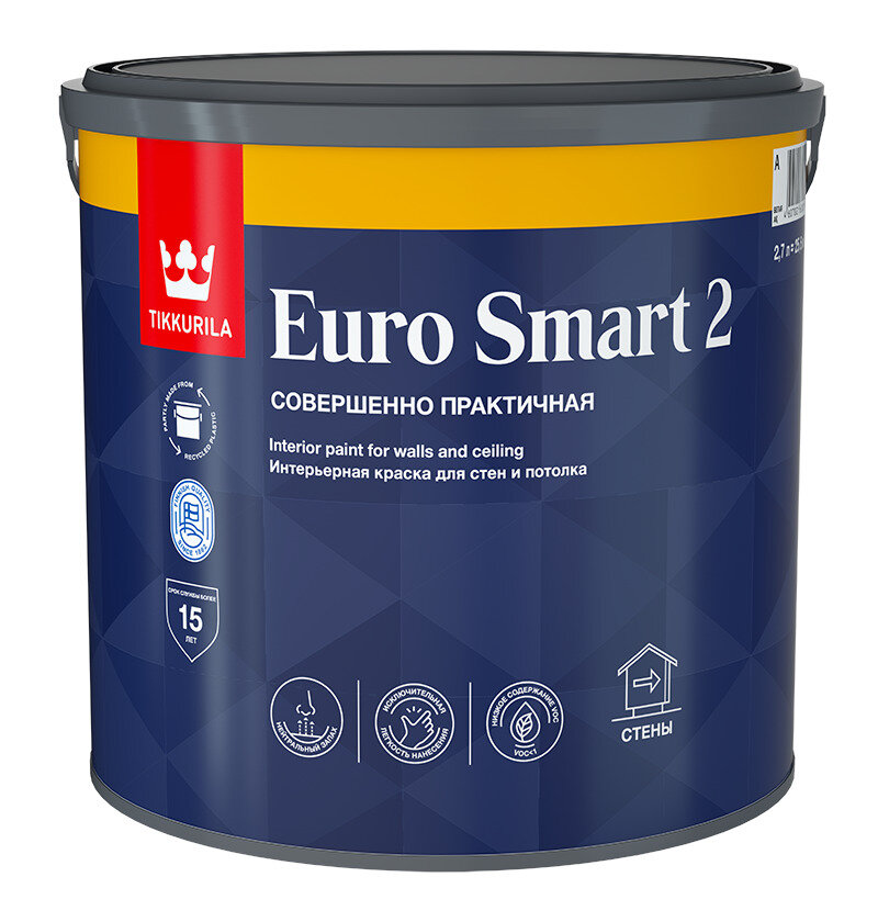 Краска Tikkurila EURO SMART 2 VVA глубокоматовая белая для внутренних работ 9 л