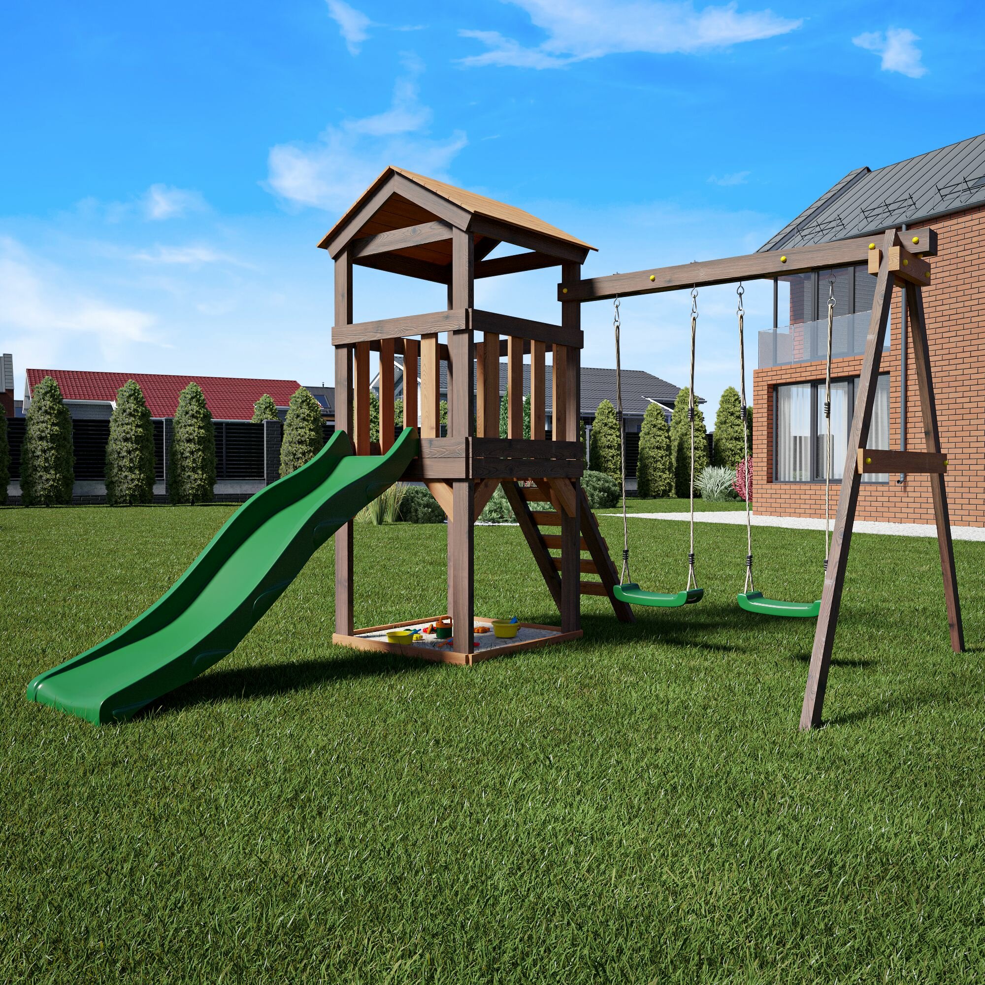 Детская площадка легенда леса стандарт 1 Золотистый Тик с качелями и горкой 175м для улицы / Игровой комплекс детский