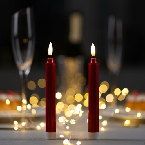 Светодиодная свеча восковая Красная 2x19 см ААx2 не в компл свечение тёплое белое 834₽