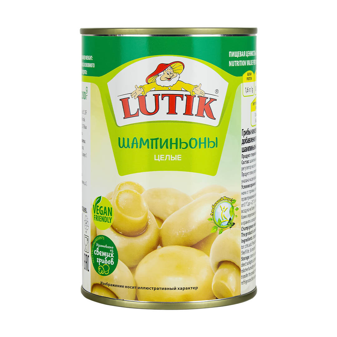 Шампиньоны Lutik целые, без уксуса, 425 мл
