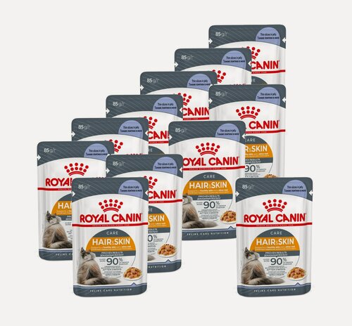 Изображение товара Royal Canin Hair&Skin Care влажный корм для взрослых кошек, для поддержания здоровья кожи и красоты шерсти, тонкие ломтики в желе, в паучах - 85 г х 12 шт.
