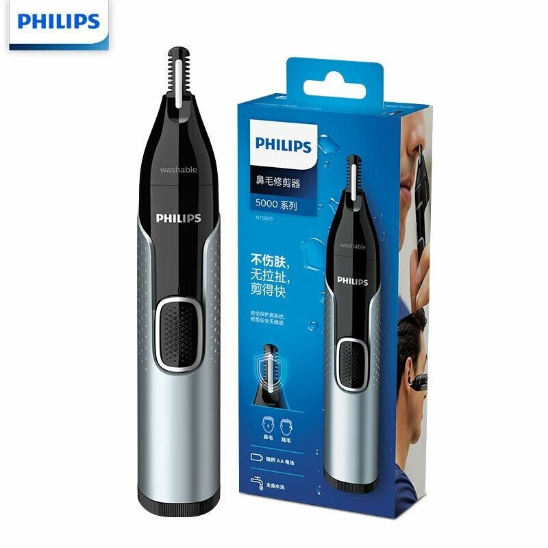 Триммер Philips NT5600, для волос в носу, автономный, черный, серый