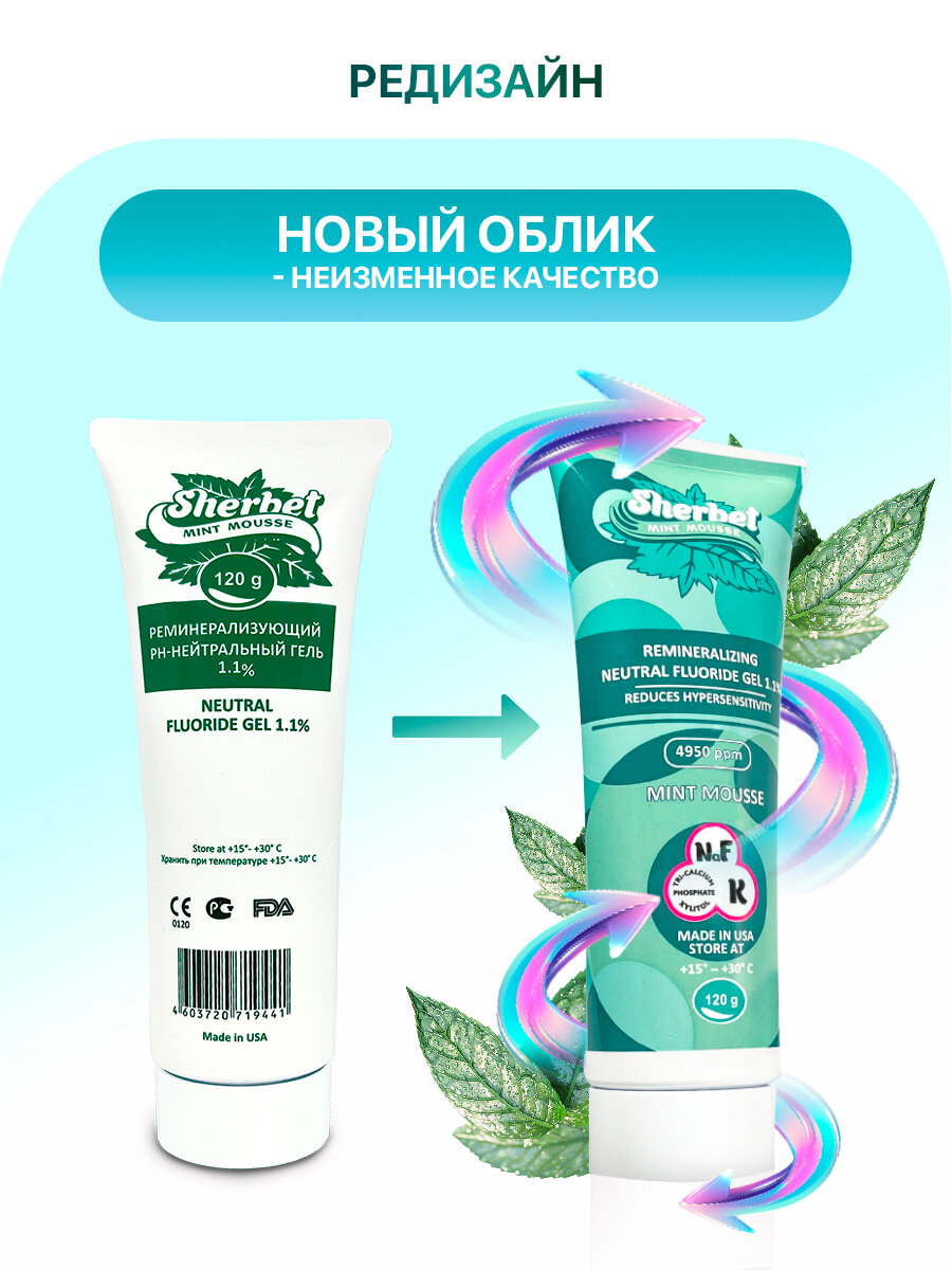 Изображение Реминерализующий рН-Нейтральный гель Sherbet Neutral Fluoride Gel 1.1% ментоловый мусс, 120 г