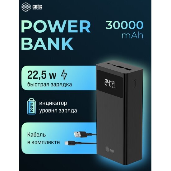 Cactus Мобильный аккумулятор CS-PBFSKA-30000 30000mAh 22.5W 4.5A USB-A/USB-C черный
