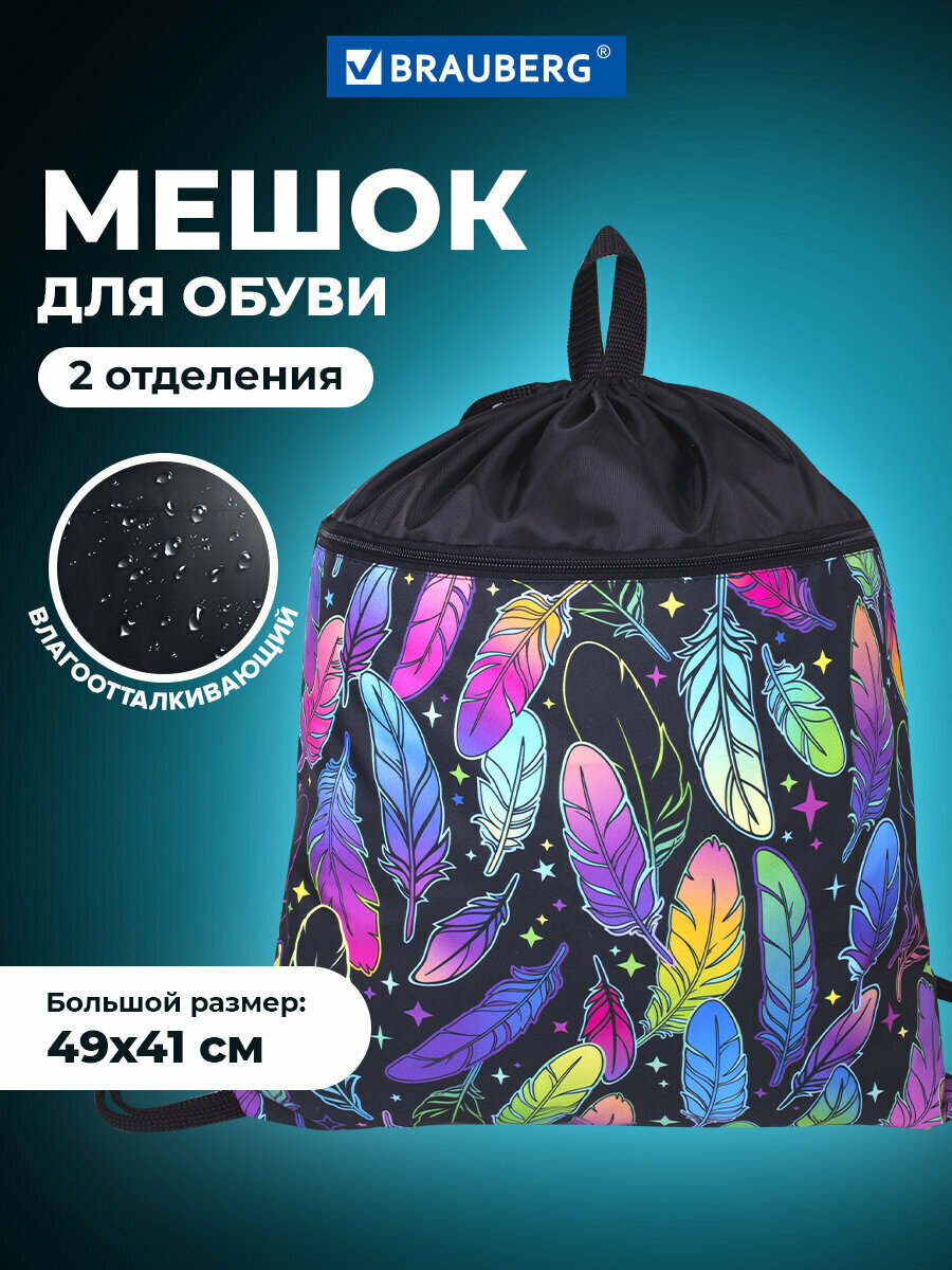 Сумка / мешок / рюкзак для сменной обуви (сменки) Brauberg карман на молнии с ручкой сеточка для вентиляции 49х41 см Feathers 271057