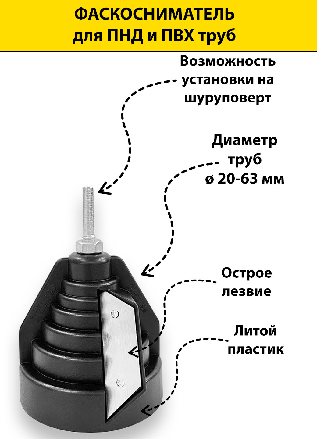 Фаскосниматель для сантехнических пластиковых полипропиленовых ПВХ ПНД труб 20-63мм ручной под шуруповерт