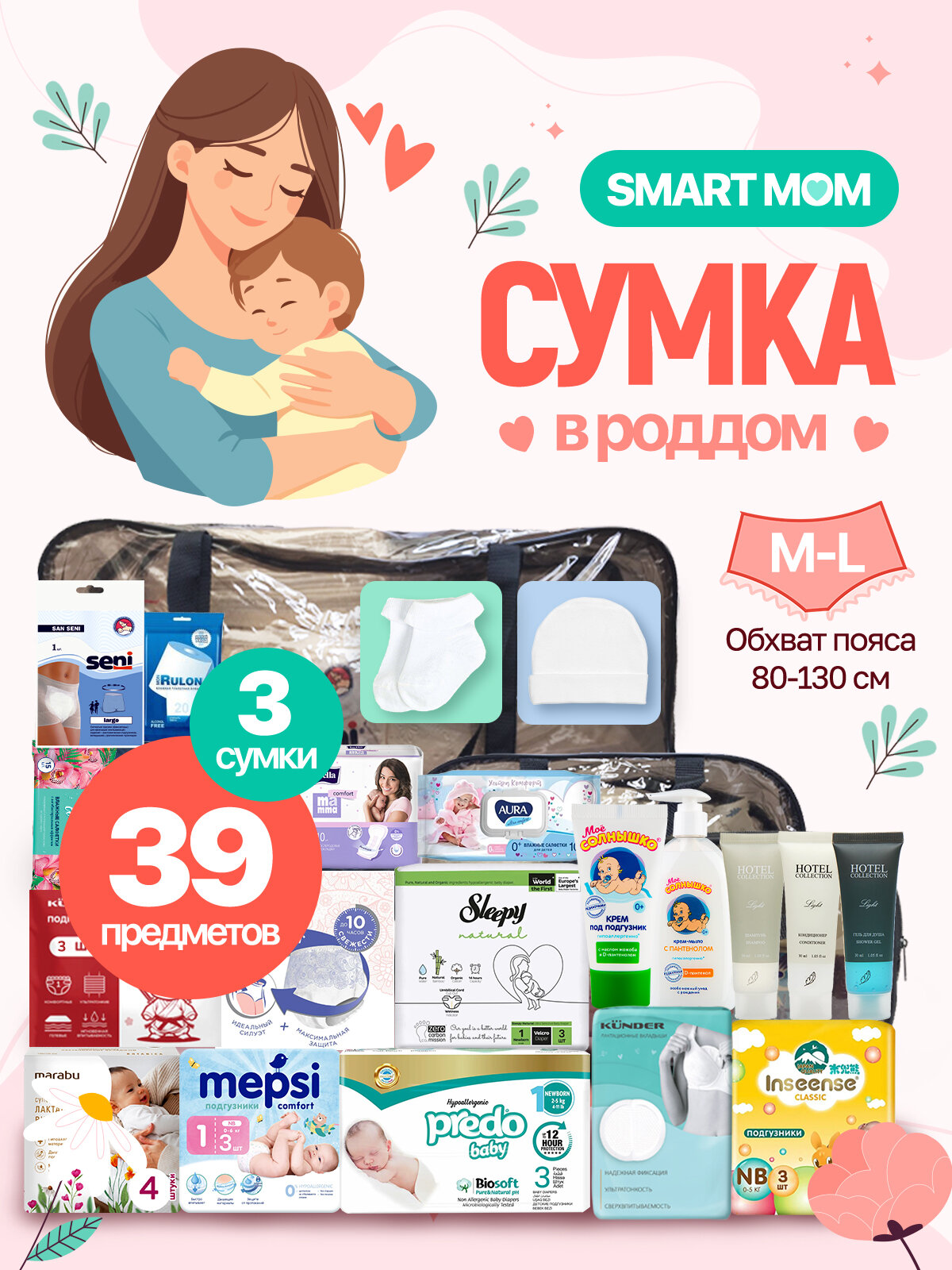 Готовая сумка в роддом для малыша и мамы Smart послеродовые трусики ML 39 предметов черная тонированная