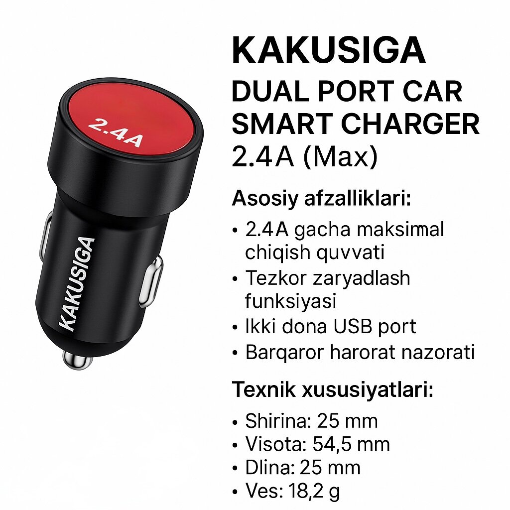 Зарядное устройство Kakusiga, с USB-портом, для электромобилей, быстрое, 2.4 А, черное