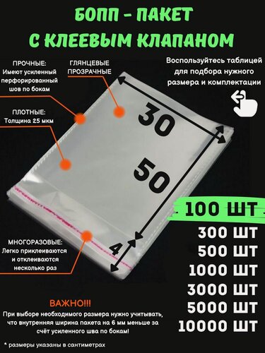 Изображение товара Фасовочные упаковочные пакеты с клеевым клапаном, бопп пакеты с клеевым краем, клейкой лентой 30х50/4_100шт прозрачные