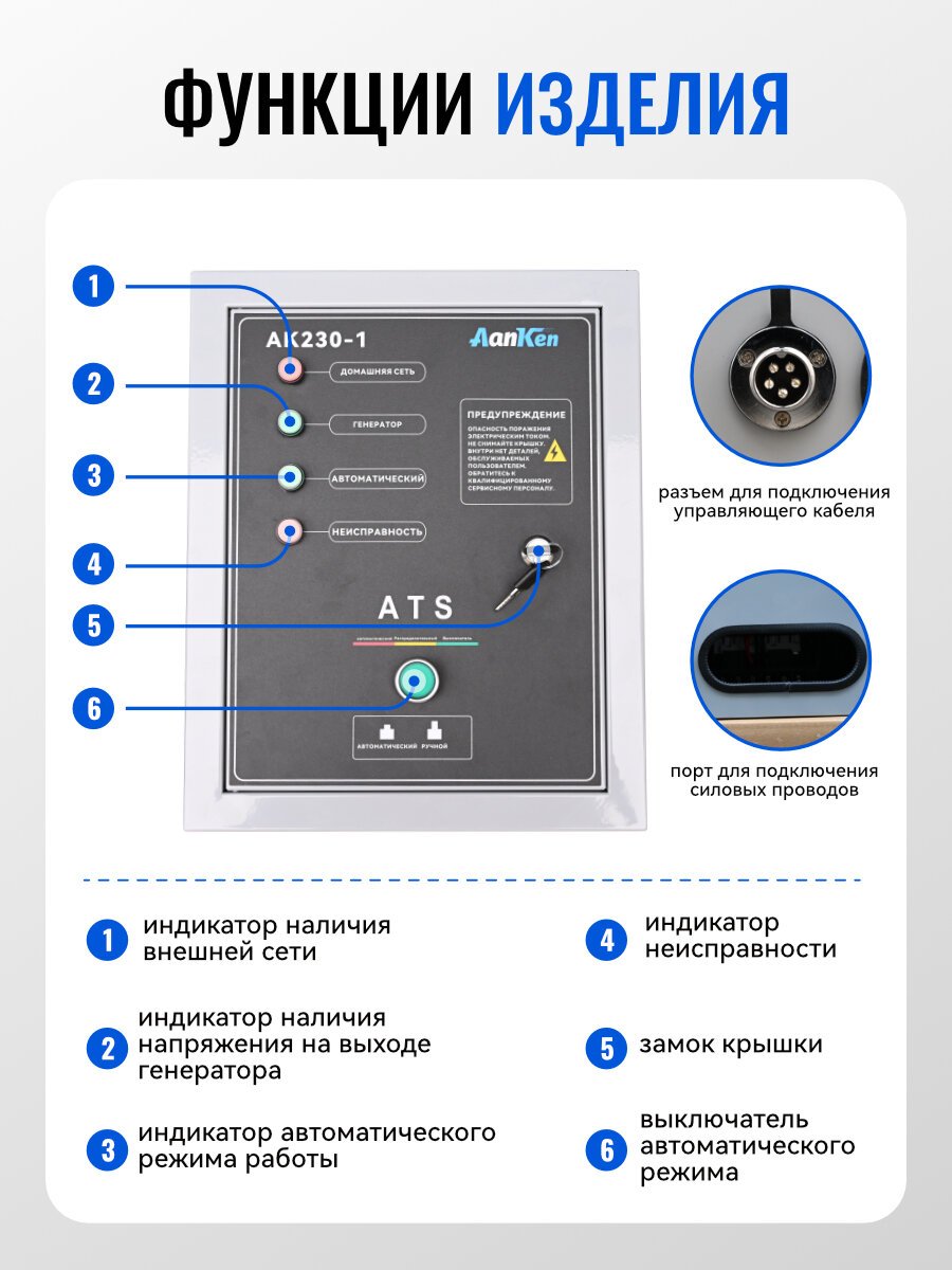 Автоматическое устройство запуска генератора AanKen ATS-контроллер AK-230, для генератора, однофазный, 230 В, 50 А — фото 1