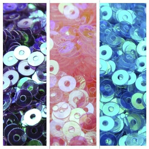 Комплект из трех видов товара пайетки прозрачные 4 мм цвета розовый 10 гр голубой 10 гр фиолетовый 10 гр Всего в комплекте 30 гр товара 439₽