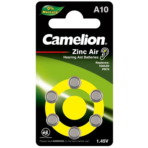 ZA10 BL-6 Mercury Free (, батарейка для слуховых аппаратов, 1.4 V,90mAh), CAMELION A10-BP6(0%HG) (60 шт.) батарейка для часов 1 5в 371a lr920 171 емкость 30ма ч camelion g 6 bl 10 mercury free