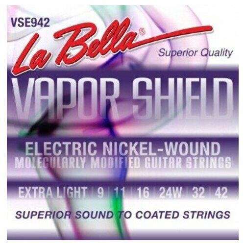 VSE942 Vapor Shield Комплект струн для электрогитары, никелированные, Extra Light, 9-42, La Bella струны la bella vse942 vapor shield 9 42 для электрогитары