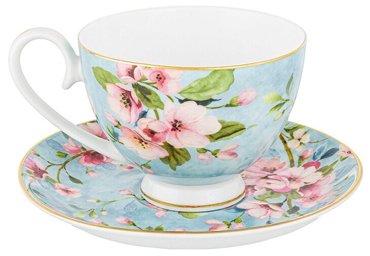 Чайная пара / чашка с блюдцем / кружка для чая, кофе "Яблоневый цвет на голубом" на ножке, 2 предмета 300 мл