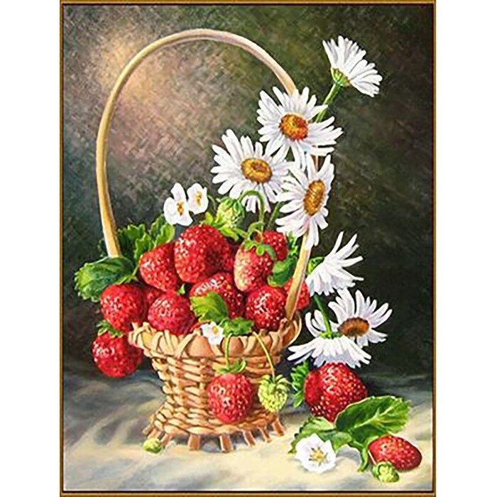 Алмазная мозаика «Корзинка с ромашками и клубникой» 20×26см 27 цветов