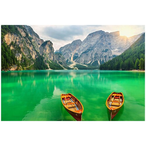 Фотообои Уютная стена Лодки на горном озере Италия 410х270 см Бесшовные Премиум (единым полотном)