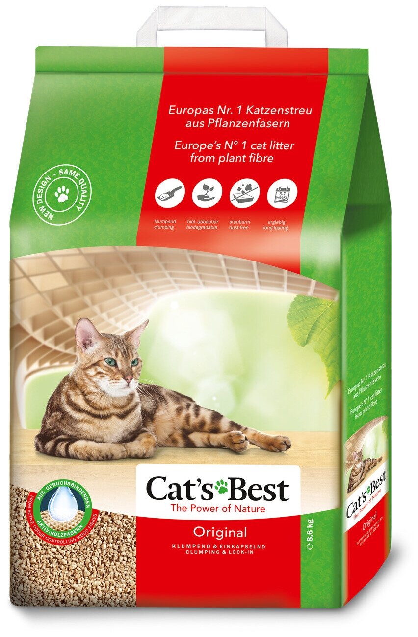 Наполнитель Cat's Best Original для кошек, древесный, комкующийся, 20 л, 8.6 кг - фотография № 1