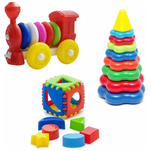 фото Развивающий набор игрушка "кубик логический малый" арт. 40-00110 + пирамида детская большая арт. 40-0045 + конструктор-каталка "паровозик" арт. к-004 karolina toys