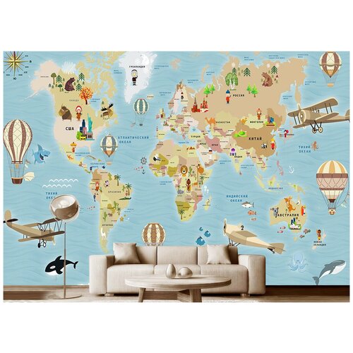 Фотообои на стену детские Модный Дом Яркая карта мира для детей 400x270 см (ШxВ)