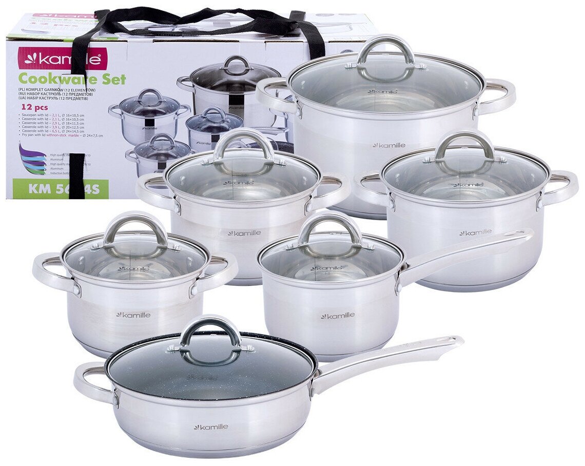фото Набор посуды 12 пр. Kamille (кастрюли 1.8л,2.5л,3.8л,5.8л; ковш 1.8л; сковорода Ø24см мрам.) KM-5634S